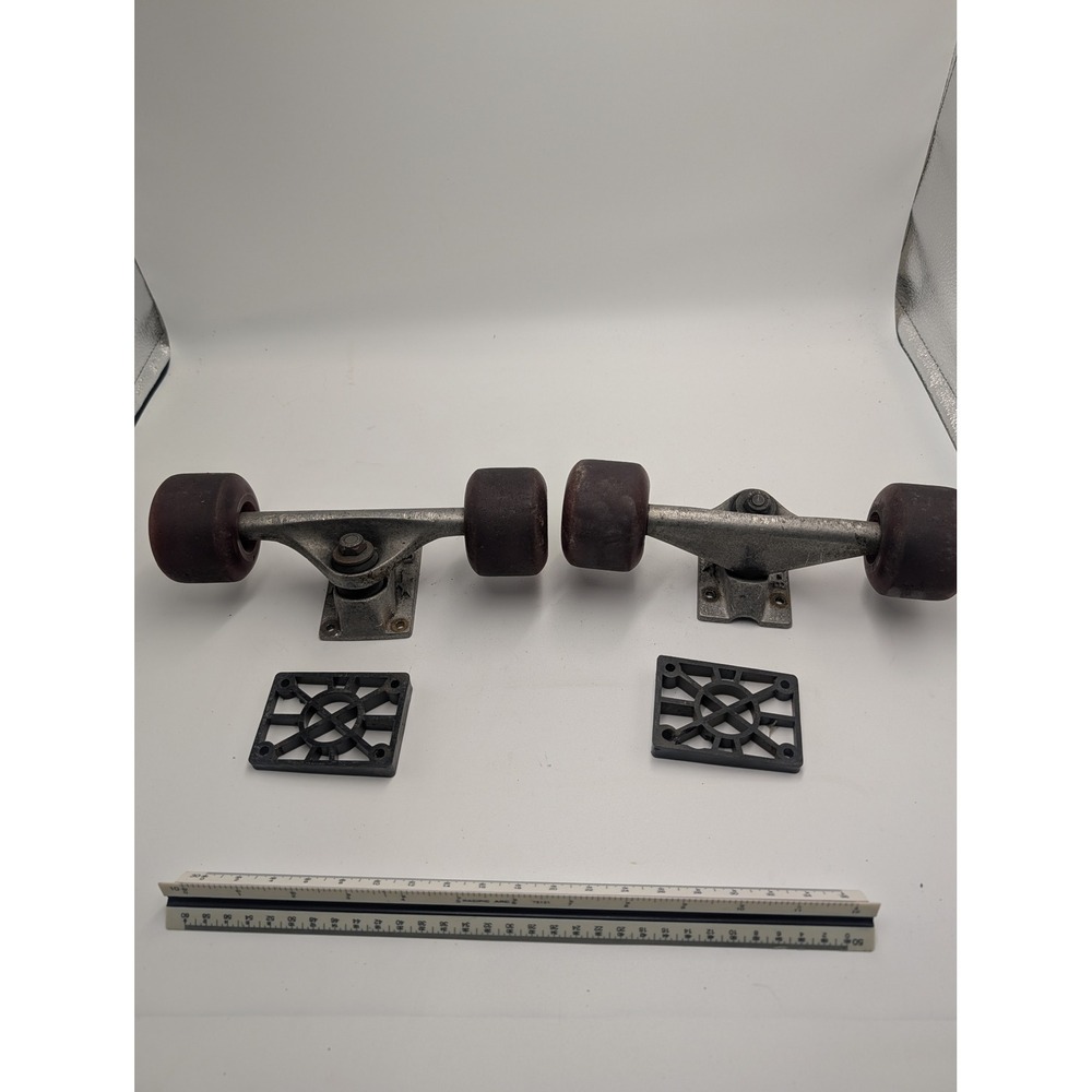 Vintage Tracker Longboard Trucks USA Made with Red Wheels and Risers Set B-2